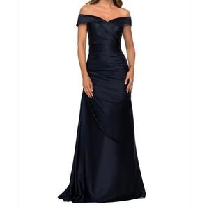 La Femme Navy Satin  Off Shoulder Gown Sz 14‎ NWT Style 28103 Pleated Detail